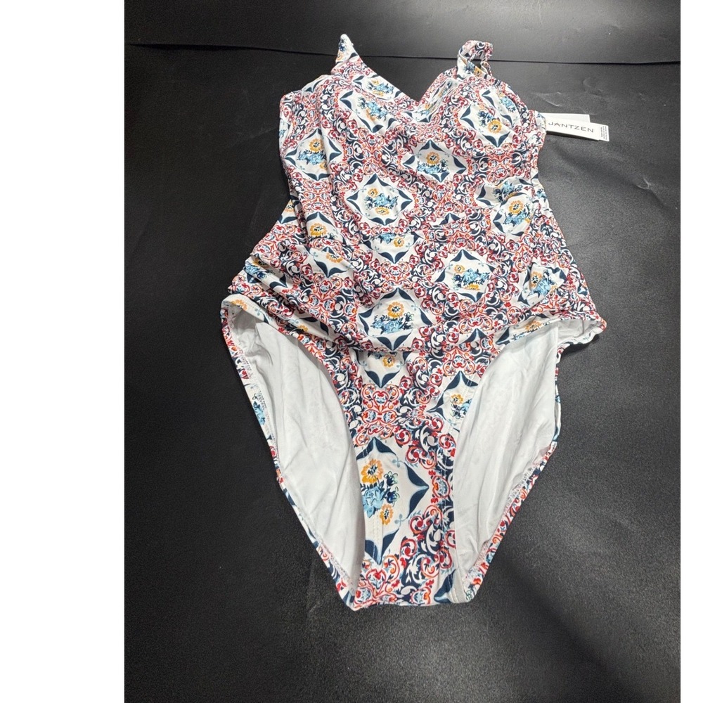Jantzen Womens Tummy Control One Piece Swimsuit Red Blue Medallion Print Size 14